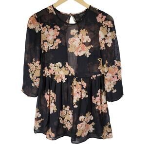 Topshop Sheer Flowy Black Floral 3/4 Sleeve Top US‎ 2